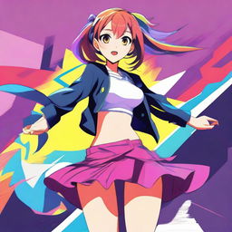 A digital art image featuring an anime-style girl in a playful pose, lifting the edge of her skirt slightly