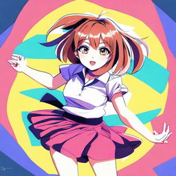 A digital art image featuring an anime-style girl in a playful pose, lifting the edge of her skirt slightly