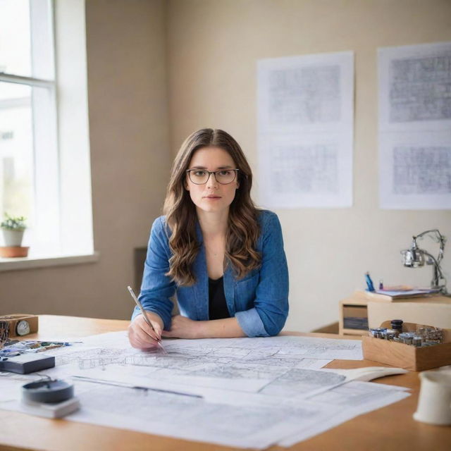 A confident, intelligent woman in her late 20s with glasses, deeply engrossed in blueprint plans. She's a doctoral student in architecture and her desk is filled with architectural models and tools.