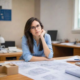 A confident, intelligent woman in her late 20s with glasses, deeply engrossed in blueprint plans. She's a doctoral student in architecture and her desk is filled with architectural models and tools.