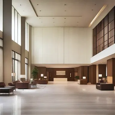 The architectural design of the hotel lobby features a grand departure from traditional styles, with its sleek lines and minimalist decor.