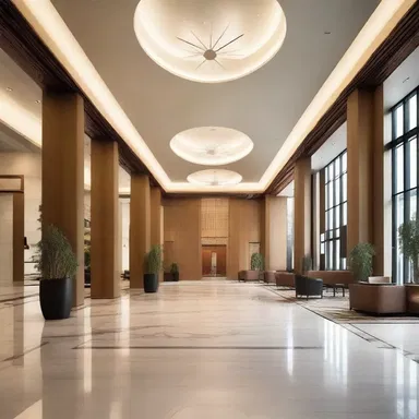 The architectural design of the hotel lobby features a grand departure from traditional styles, with its sleek lines and minimalist decor.