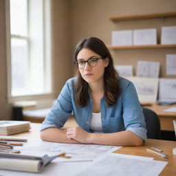 A confident, intelligent woman in her late 20s with glasses, deeply engrossed in blueprint plans. She's a doctoral student in architecture and her desk is filled with architectural models and tools.