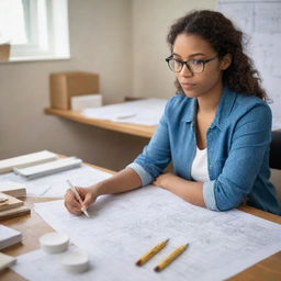 A confident, intelligent woman in her late 20s with glasses, deeply engrossed in blueprint plans. She's a doctoral student in architecture and her desk is filled with architectural models and tools.