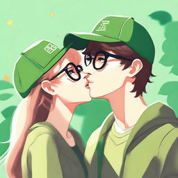 An adorable digital art showcasing a brunette girl with glasses, donned in a green cap, planting a sweet kiss on a nerdy blonde guy who's also wearing glasses