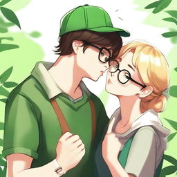 An adorable digital art showcasing a brunette girl with glasses, donned in a green cap, planting a sweet kiss on a nerdy blonde guy who's also wearing glasses