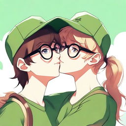 An adorable digital art showcasing a brunette girl with glasses, donned in a green cap, planting a sweet kiss on a nerdy blonde guy who's also wearing glasses