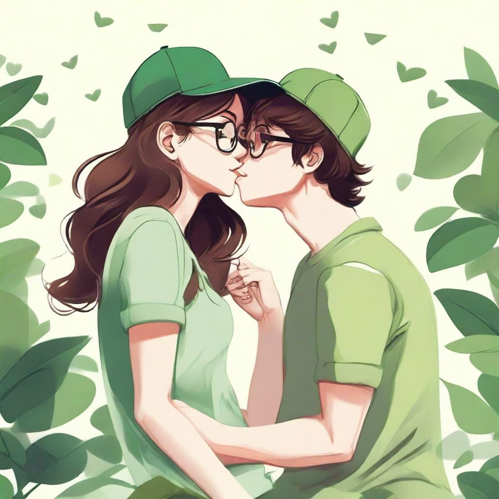 An adorable digital art showcasing a brunette girl with glasses, donned in a green cap, planting a sweet kiss on a nerdy blonde guy who's also wearing glasses