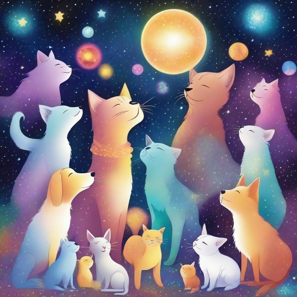 A vibrant, high-quality digital art image showcases a cosmic scene titled 'Pet Stargazers: A Celestial Gathering'