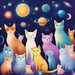 A vibrant, high-quality digital art image showcases a cosmic scene titled 'Pet Stargazers: A Celestial Gathering'