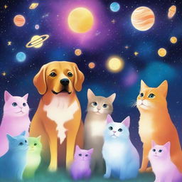 A vibrant, high-quality digital art image showcases a cosmic scene titled 'Pet Stargazers: A Celestial Gathering'