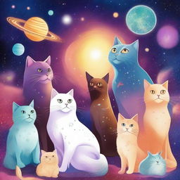 A vibrant, high-quality digital art image showcases a cosmic scene titled 'Pet Stargazers: A Celestial Gathering'