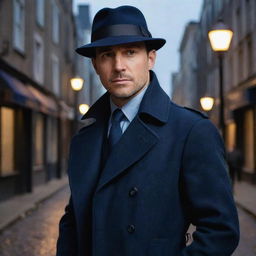 A suave and sharp detective, wearing a navy blue trench coat with a herringbone pattern and a fedora. The lamp-lit city streets reflect in his thoughtful eyes