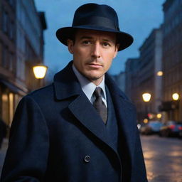 A suave and sharp detective, wearing a navy blue trench coat with a herringbone pattern and a fedora. The lamp-lit city streets reflect in his thoughtful eyes