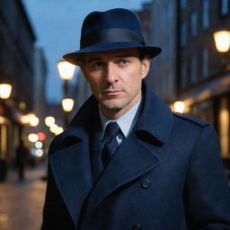 A suave and sharp detective, wearing a navy blue trench coat with a herringbone pattern and a fedora. The lamp-lit city streets reflect in his thoughtful eyes