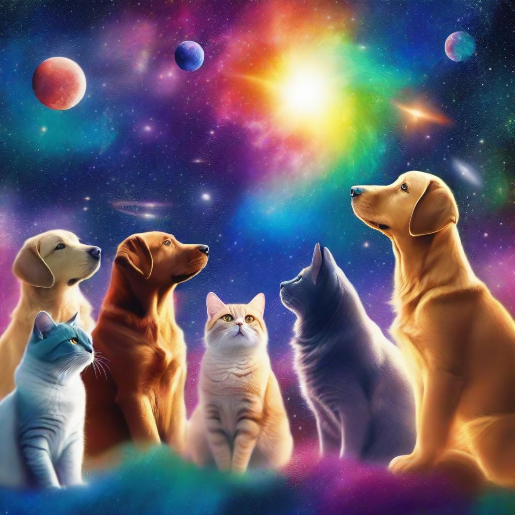 This is a vibrant digital art image titled 'Pet Stargazers: A Celestial Gathering'