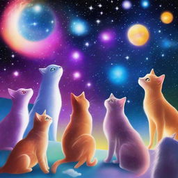 This is a vibrant digital art image titled 'Pet Stargazers: A Celestial Gathering'