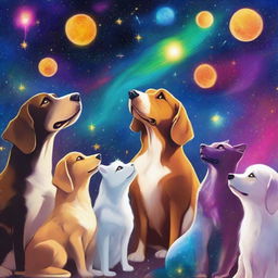 This is a vibrant digital art image titled 'Pet Stargazers: A Celestial Gathering'