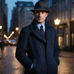 A suave and sharp detective, wearing a navy blue trench coat with a herringbone pattern and a fedora. The lamp-lit city streets reflect in his thoughtful eyes