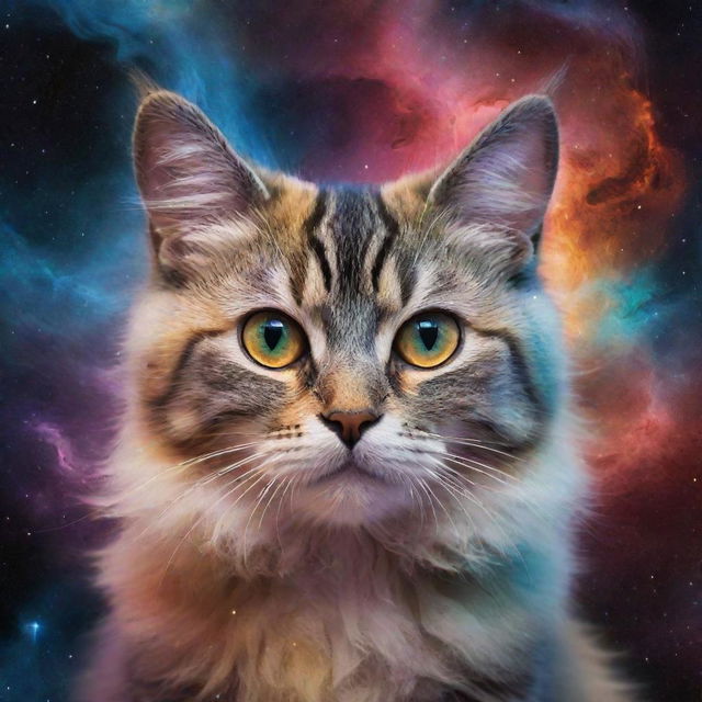 A universe where planets and stars resemble adorable cats, with nebulae forming fur-like patterns and galaxies swirling into cat-like shapes in an array of colors.