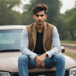 A cinematic image of a 25-year-old handsome young man named Gujjar, sitting on a car in casual attire with stylish hair, in a realistic and aesthetically pleasing outdoor setting.