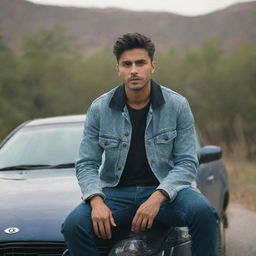 A cinematic image of a 25-year-old handsome young man named Gujjar, sitting on a car in casual attire with stylish hair, in a realistic and aesthetically pleasing outdoor setting.