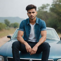 A cinematic image of a 25-year-old handsome young man named Gujjar, sitting on a car in casual attire with stylish hair, in a realistic and aesthetically pleasing outdoor setting.