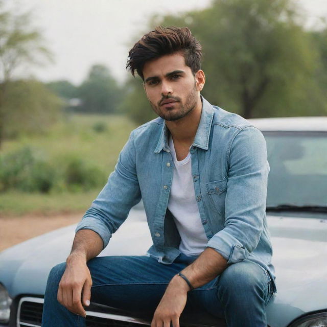 A cinematic image of a 25-year-old handsome young man named Gujjar, sitting on a car in casual attire with stylish hair, in a realistic and aesthetically pleasing outdoor setting.