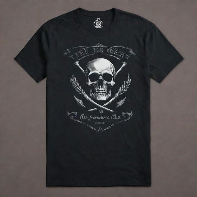 Design an elegant T-shirt highlighting 'THE GRIM' private members club's logo or emblem, using premium textures and a sophisticated color palette.