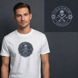 Design an elegant T-shirt highlighting 'THE GRIM' private members club's logo or emblem, using premium textures and a sophisticated color palette.