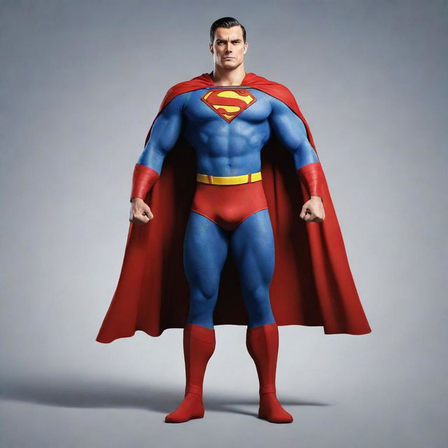 Generate an image of a strong and brave character, depicted without the traditional superhero cape, symbolizing strength and power in normal attire.