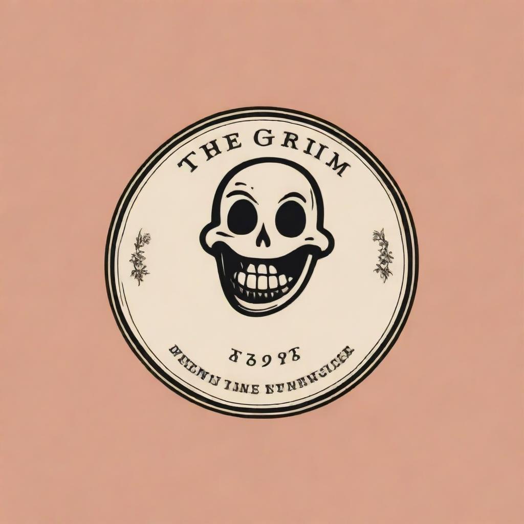 A whimsical logo for 'THE GRIM' that incorporates elements of laughter or joy, creating a playful juxtaposition with the brand name.