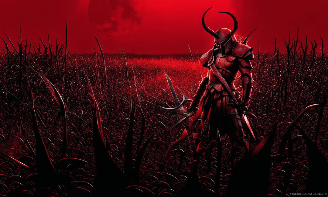 A digital art piece featuring a horned warrior in crimson armor standing in a field of thorns under a blood-red moon.