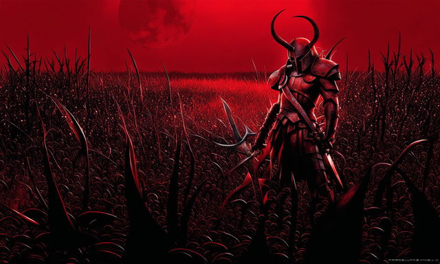 A digital art piece featuring a horned warrior in crimson armor standing in a field of thorns under a blood-red moon.