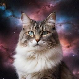 A universe where galaxies are shaped like sprawling cats, stars twinkle in feline eyes, and nebulas form the patterns of cat fur