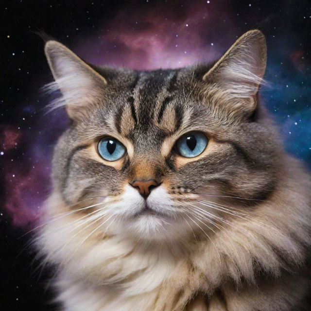 A universe where galaxies are shaped like sprawling cats, stars twinkle in feline eyes, and nebulas form the patterns of cat fur