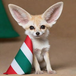 An adorable Fennec fox draped in an Algerian flag, looking playful and proud.