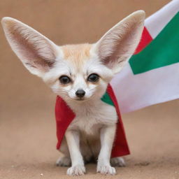 An adorable Fennec fox draped in an Algerian flag, looking playful and proud.