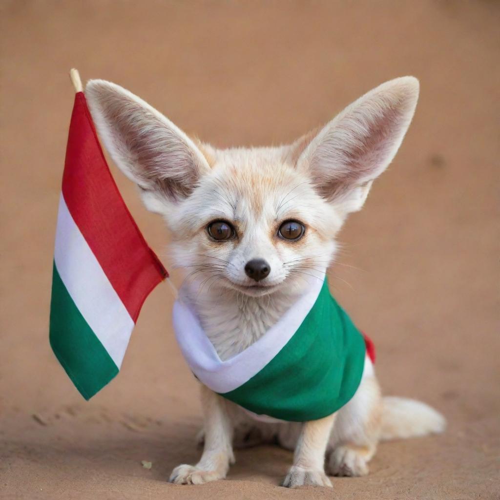 An adorable Fennec fox draped in an Algerian flag, looking playful and proud.