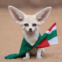 An adorable Fennec fox draped in an Algerian flag, looking playful and proud.