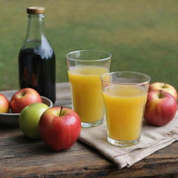 A still life painting of fresh-squeezed clear apple juice in a cup beside a dark yellow bottle, all amidst varied colored apples (red, yellow, and green). This is set on a rustic table in a countryside setting.