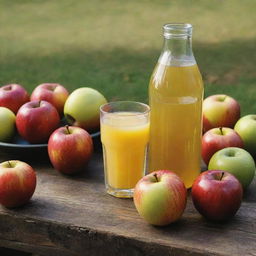 A still life painting of fresh-squeezed clear apple juice in a cup beside a dark yellow bottle, all amidst varied colored apples (red, yellow, and green). This is set on a rustic table in a countryside setting.