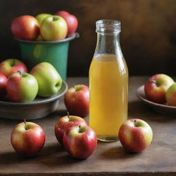 A still life painting of fresh-squeezed clear apple juice in a cup beside a dark yellow bottle, all amidst varied colored apples (red, yellow, and green). This is set on a rustic table in a countryside setting.