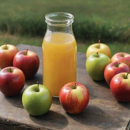 A still life painting of fresh-squeezed clear apple juice in a cup beside a dark yellow bottle, all amidst varied colored apples (red, yellow, and green). This is set on a rustic table in a countryside setting.