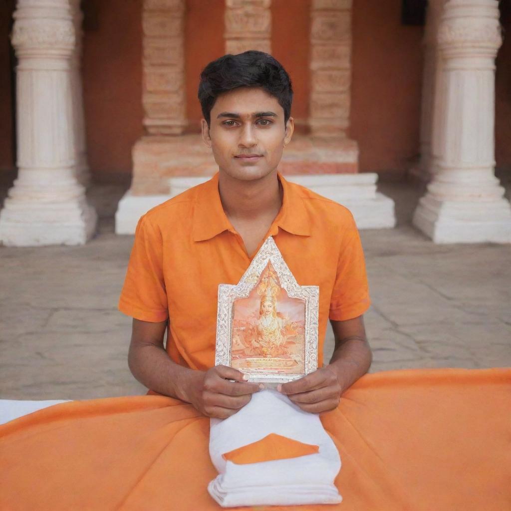 A 3D portrayal of a handsome 20-year-old boy, wearing an orange shirt with 'Akhilesh' in large white font, holding a Hindu devotional triangle flag. Behind him lies a Mandir temple and a devotional god image, all imbued with an orange color theme and subtle glowing effects.