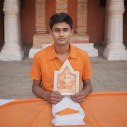 A 3D portrayal of a handsome 20-year-old boy, wearing an orange shirt with 'Akhilesh' in large white font, holding a Hindu devotional triangle flag. Behind him lies a Mandir temple and a devotional god image, all imbued with an orange color theme and subtle glowing effects.