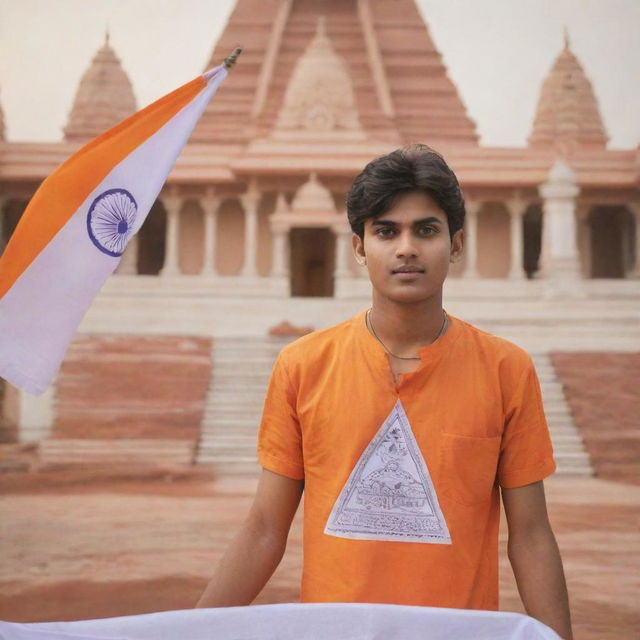 A 3D portrayal of a handsome 20-year-old boy, wearing an orange shirt with 'Akhilesh' in large white font, holding a Hindu devotional triangle flag. Behind him lies a Mandir temple and a devotional god image, all imbued with an orange color theme and subtle glowing effects.