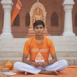 A 3D portrayal of a handsome 20-year-old boy, wearing an orange shirt with 'Akhilesh' in large white font, holding a Hindu devotional triangle flag. Behind him lies a Mandir temple and a devotional god image, all imbued with an orange color theme and subtle glowing effects.