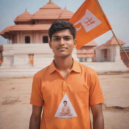 A 3D portrayal of a handsome 20-year-old boy, wearing an orange shirt with 'Akhilesh' in large white font, holding a Hindu devotional triangle flag. Behind him lies a Mandir temple and a devotional god image, all imbued with an orange color theme and subtle glowing effects.