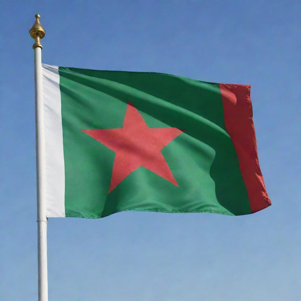 A detailed Algerian flag, fluttering majestically in the wind with bright green, white, and red colors and a prominent red star and crescent in the center.